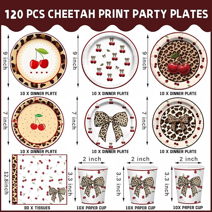 120PCS Cheetah Print Birthday Decorations Plates, Leopard Print Party Paper Plates Napkins and Cups, Leopard Cherry Theme Disposable Dinner Plate Tableware, Animal Print Plates Party Supplies Serve 30