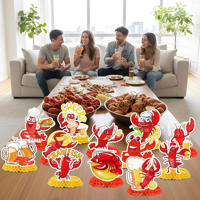 Gameza Crawfish Boil Party Decorations, 12PCS Crawfish Honeycomb Centerpieces Table Birthday Decoration, Crayfish Crab Seafood Shrimp Theme Bday Decor Supplies for Baby Shower