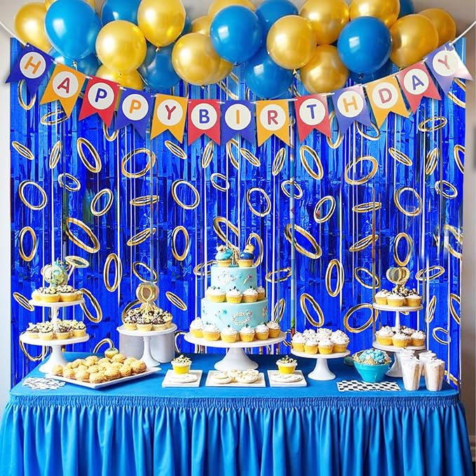 Cartoon Hedgehog Birthday Party Decoration, 4 Pack Hedgehog Party Backdrop Photo Booth Prop, Blue with Gold Ring Print Fringe Curtains Tinsel Photo Streamers for Hedgehog Theme Party Decor Supplies