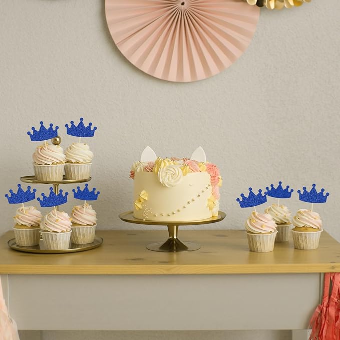 Ephlyn 24Pcs Crown Cupcake Toppers Glitter Queen Crown Cupcake Picks for Queen Princess Theme Baby Shower Girls Wedding Birthday Party Cake Decorations Supplies Dark Blue