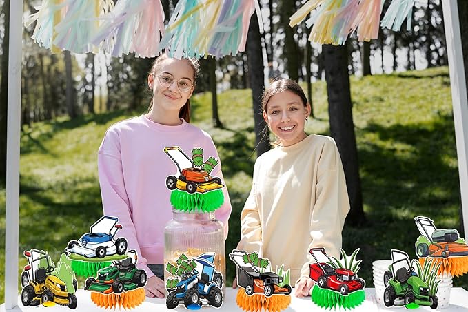 9 Pcs Lawn Mower Honeycomb Centerpieces Lawn Mower Table Decorations Lawnmower Party Decorations for Lawn Mower Birthday Party Supplies