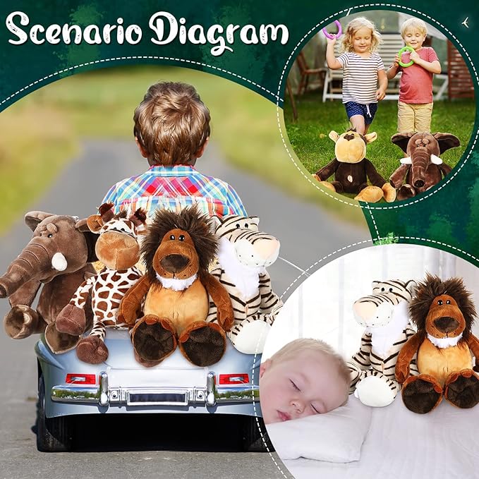 Zhanmai 6 Pieces Safari Stuffed Animals Plush Jungle Toys Set for Boys Girls, Lion Elephant Zebra Giraffe Tiger Monkey for Animal Themed Parties Student Party Decoration(Novel Style)