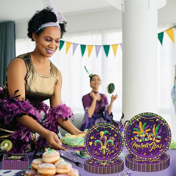 96PCS Mardi Gras Plates and Napkins Party Supplies Mardi Gras Decorations New Orleans Carnival Masquerade Party Decorations MardiGras Disposable Tableware Set Serve 24 Guests