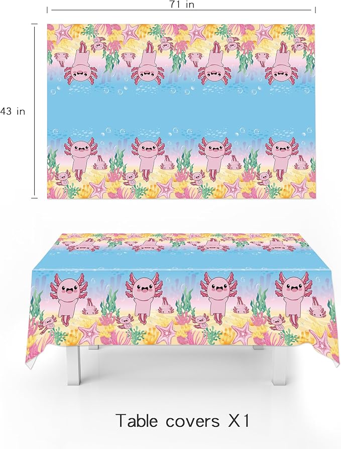 44Pcs Axolotl Birthday Party Supplies Include Happy Birthday Banner-Backdrop-Tablecloth-Balloons-Cake Topper-Cupcake Toppers for Axolotl Party Decorations