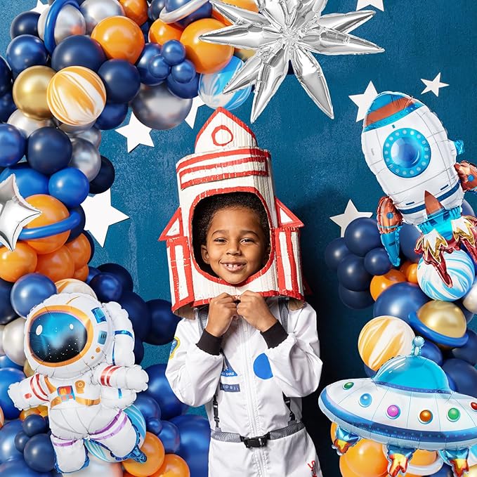 Ouddy Party 142Pcs Outer Space Party Decorations Balloon Garland Kit, Space Birthday Party Supplies UFO Astronaut Themed Navy Blue Silver Foil Latex Balloons for Boys Kids