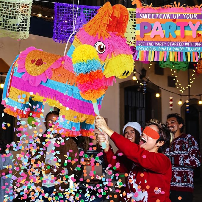 Cinco De Mayo Donkey Pinata with 24" Stick and Rope | Large Rainbow Piñata Decorations for Birthday Party, Taco Tuesday, Mexican Theme Fiesta (16 X 13.5 X 5.7 In)