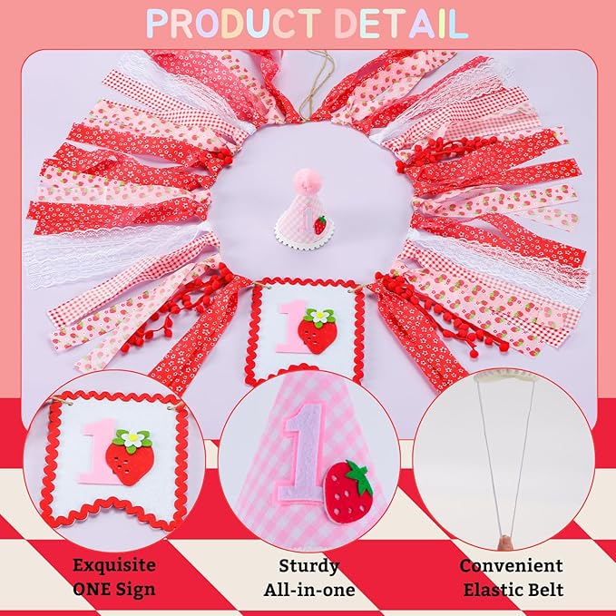 Strawberry Highchair Banner for Baby First Birthday Party Decorations Sweet Berry 1st Birthday High Chair Tassel Garland for Girls Baby Shower One Bday Strawberry Fabric Banner Backdrop Decors