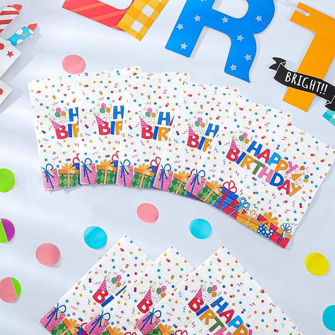 100 Pcs Happy Birthday Napkins Kids 5X5 Inch Rainbow Birthday Cocktail Napkins with Colorful Dots and Gift Boxs Pattern Design, Birthdays Party Supplies Suitable for Women & Kids