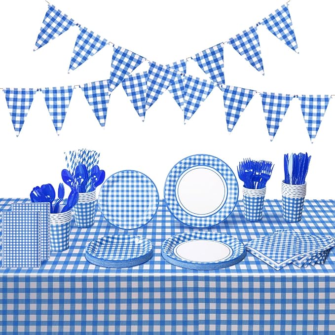 205 Pcs Party Supplies for 25 Guest Checkered Plaid Tablecloth Pennant Banner Plate Cup Napkin Cutlery and Straw for Birthday Party Family Dinner Picnic BBQ Birthday Party Decoration (Blue and White)