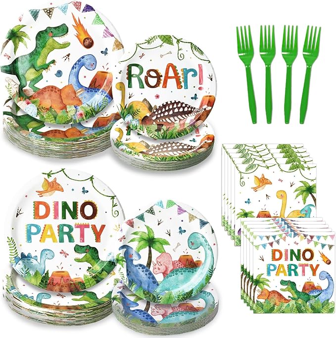 96 Pcs Dinosaur Plates and Napkins Tableware Set (Serves 24), Dinosaur Birthday Party Supplies Include Plates Napkins Plastic Forks for Kids Party Decorations
