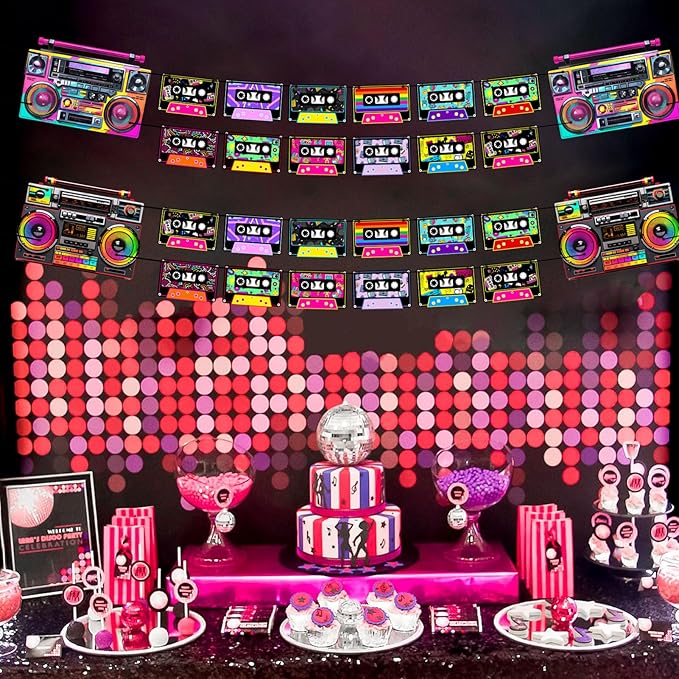 Pre-Strung 80s 90s Party Decorations, NO DIY Retro 80’s 90’s Theme Cassette Tape Banners, Boom Box Cassette Player Decor Hip Hop Music Birthday Party Supplies