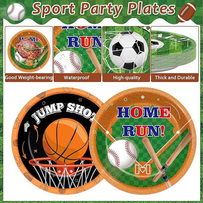 CHUNNIN 48Pcs Sports Birthday Party Paper Plates Sports Themed Party Supplies 7" Football Basketball Soccer Baseball Birthday Disposable Plates for Kids court Baby Shower Decorations