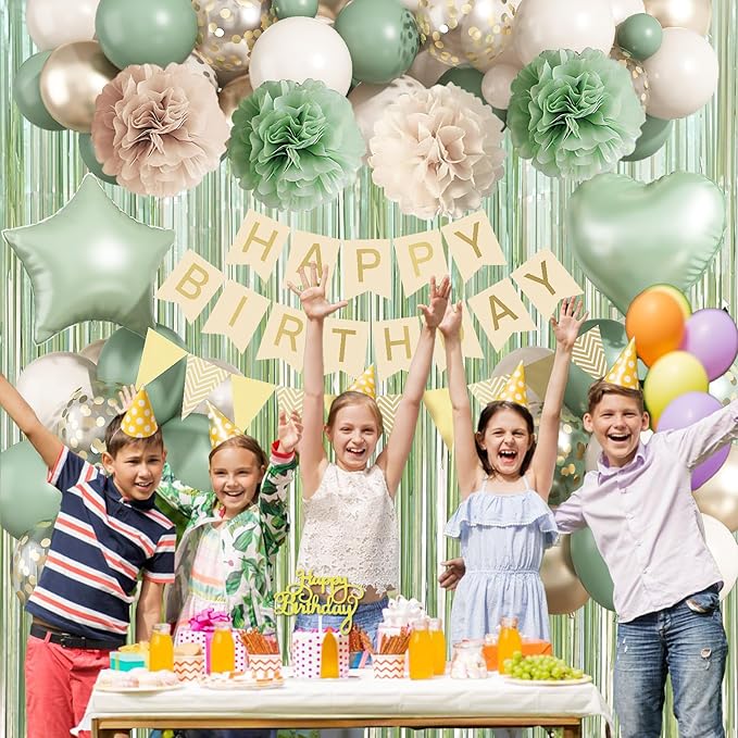 Sage Green Birthday Decorations, Neutral Green Gold Nude Party Décor with Foil & Latex Balloons Sash Fringe Curtains Happy Birthday Banner Cake Topper Paper Pompoms Party Decor for Women Girl