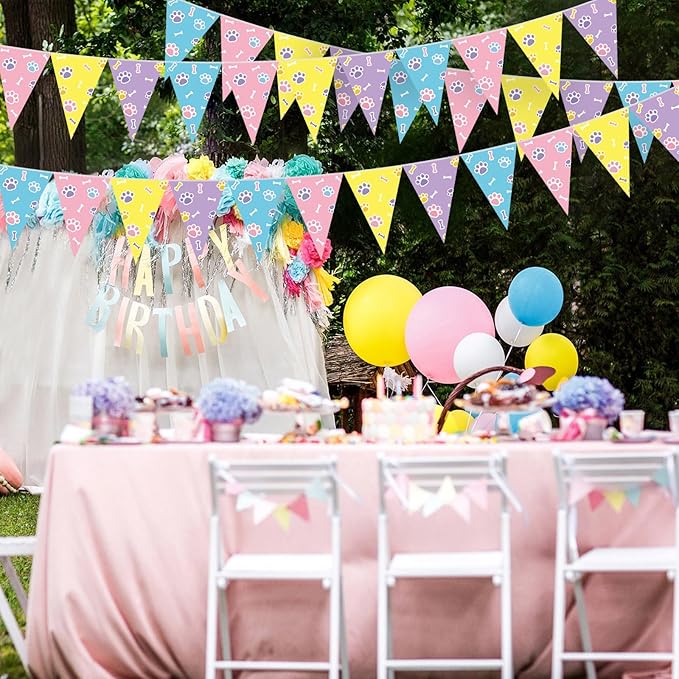 Tiamon 5 Pcs Blue Dog Paw Themed Birthday Banner Decoration Daisy Puppy Print Pennant Bunting 49.2 Ft Puppy Paw Print Triangle Flag for Kids Boy and Girl Birthday Dog Baby Showers Party Decoration