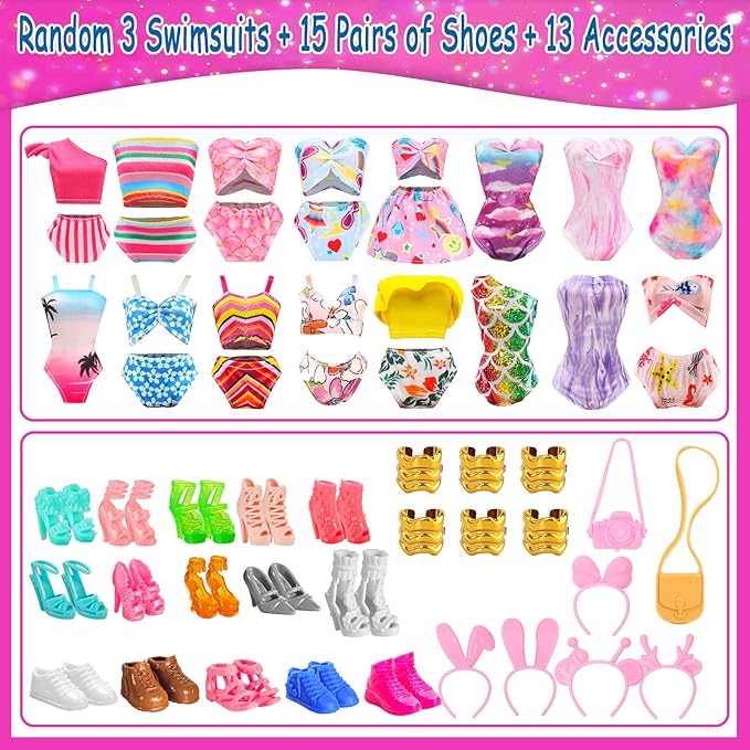 43 Pcs Doll Clothes & Accessories Include 2 Evening Dresses 5 Fashion Dress 5 Tops 5 Pants Chill Outfits 3 Swimsuits with 15 Pairs of Shoes 13 Accessories for 11.5 Inch Girl Dolls Clothing Set