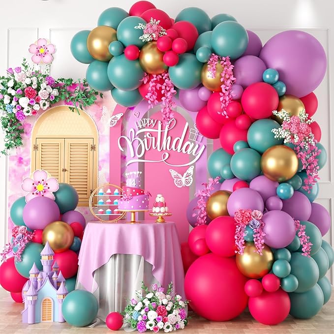 Balloon Arch Kit, Hot Pink Purple Teal Blue Metallic Gold Balloons for Girl Birthday Party Decorations Baby Shower Bridal Wedding Graduation Party Supplies