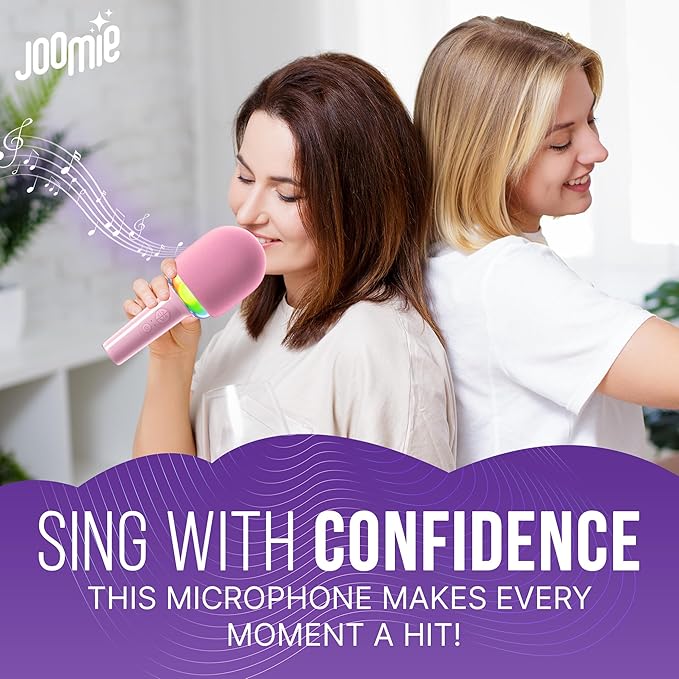Joomie Pink Kids Microphone for Singing – 4 in 1 Bluetooth Karaoke Portable Microphone Wireless Mic with LED Disco Light, Speaker, Voice Changing, Echo Effect, Birthday Kids Toys Gift for Girls Boys