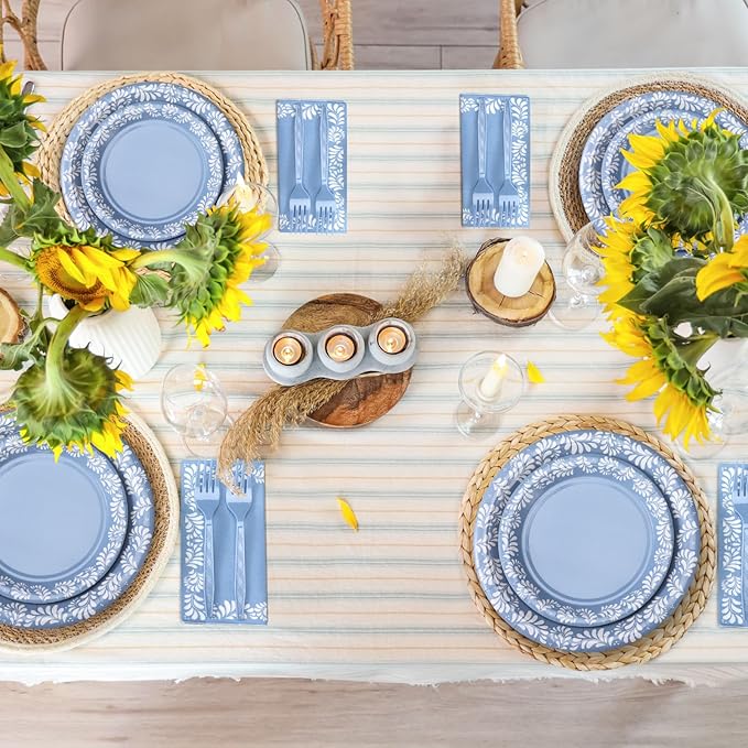 122 Pcs Blue Cielito Lindo Baby Shower Decoration Platos De Barro Mexicanos Fiesta Talavera Paper Plates Mexican Napkins Forks Tableware Set for Birthday Weeding Party Supplies, Serve 24