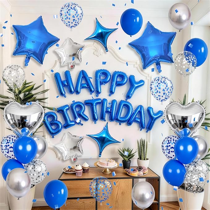 Blue Silver Birthday Decorations for Boys Dark Royal Navy Blue Metallic Silver Confetti Balloon Happy Birthday Banner 18/10 Inch Heart Foil Balloons Star Balloon for Men Bday Party Supplies