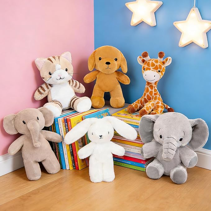 6 Pcs Stuffed Animals Bulk, 11 Inch Small Stuffed Safari Animals, Zoo Stuffed Animals Set (Cat Dog Elephants Giraffe Bunny) Baby Shower Party Decor, Easter Gift for Classroom Kids, Teens, Girls