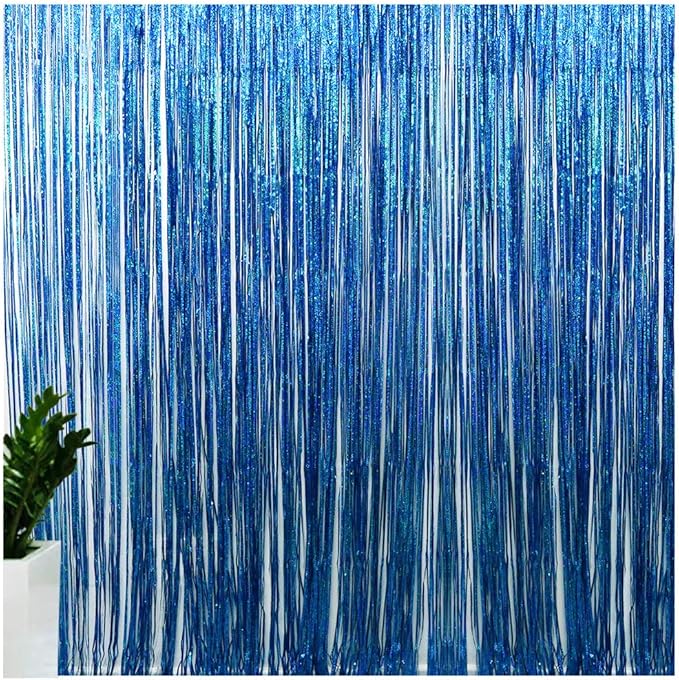 Blue Foil Fringe Curtains Iridescent Mermaid Shark Party Supplies Photo Backdrop Decor Curtains Under The Sea Backdropr Wedding Window Party Decorations Photo Booth Props(2 * 6.5 * 3.2 Ft, Lake Blue)