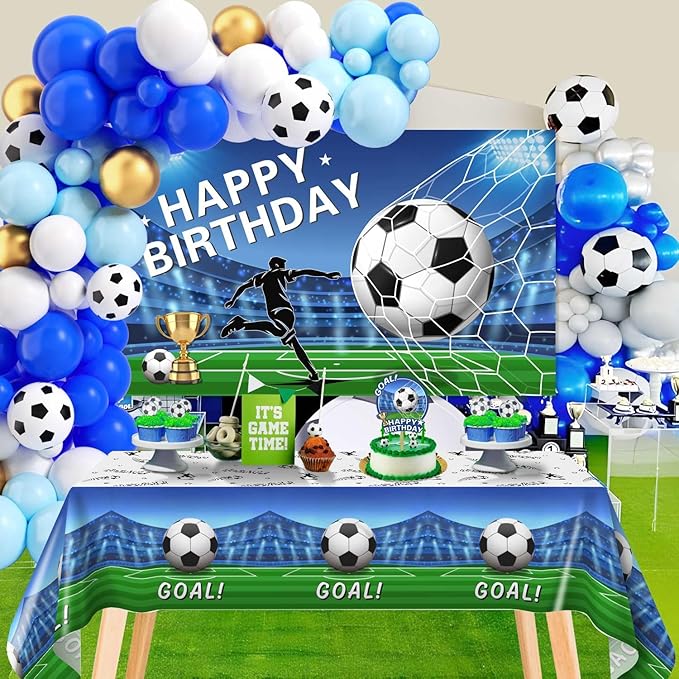 Soccer Birthday Party Decorations 116Ppcs 16Ft Blue Balloons Arch Kit Backdrop Cake Topper Tablecloth for Men Boys Soccer Theme Birthday Party Supplies