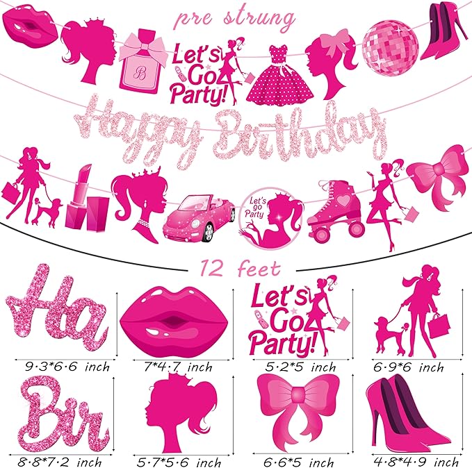 3Pcs Hot Pink Girl Happy Birthday Banners Glitter Hot Pink Princess Birthday Party Decorations for Girls Doll Theme Baby Shower Ladies Bachelorette Party Supplies