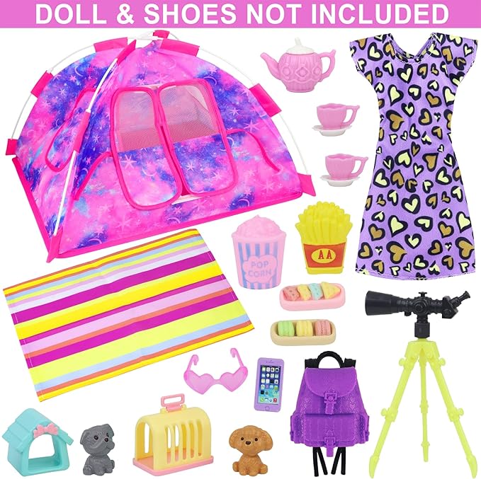 K.T. Fancy 18 PCS Girl Doll Travel Camping Tent Set and Accessories for 11.5 Inch Includes Tent, Clothes, Backpack, Toy Dog, Placemat, Toy Phone, Glasses (Doll NOT Included)