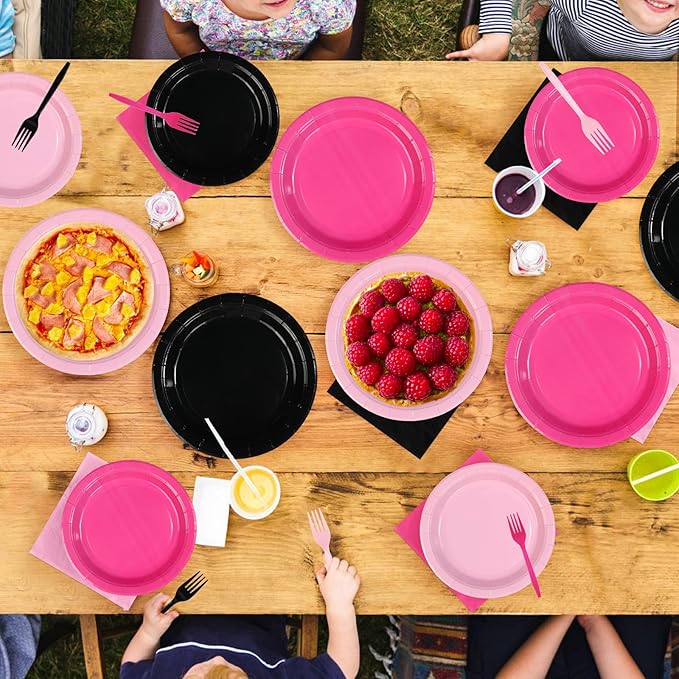 96Pcs Hot Pink and Black Birthday Decorations Pink and Black Party Plates and Napkins Disposable Pink Paper Plates for Baby Shower Girls Women Birthday Bridal Shower Spring Summer Party Supplies