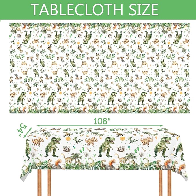 2 Pcs Dinosaur Plastic Party Tablecloths 54 x 108 Inch Green Watercolor Dinosaur Table Covers for Dino Theme Kids Boys Baby Shower 1st 2nd 3rd 4th Birthday Party Supplies Table Decorations Favors