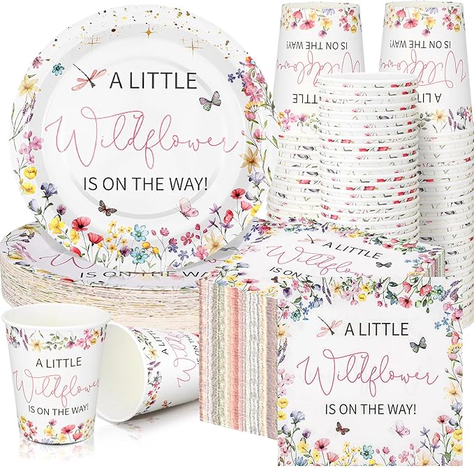Hushee 200 Pcs Baby in Bloom Baby Shower Paper Plates Napkins Cups Wildflower Party Supplies Tableware Set a Little Wildflower Is on The Way Disposable Plates for 50 Guest Spring Summer Party Decor