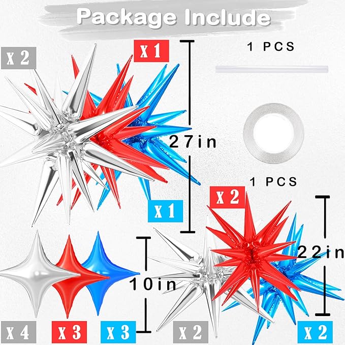 20 Pcs Star Balloons 27”22”Explosion Foil Balloons- Spike Balloon and Four Pointed Star Balloon for Party Supplies 4th of July Decorations Christmas Birthday Wedding Photo Booth (Silver Red Blue)