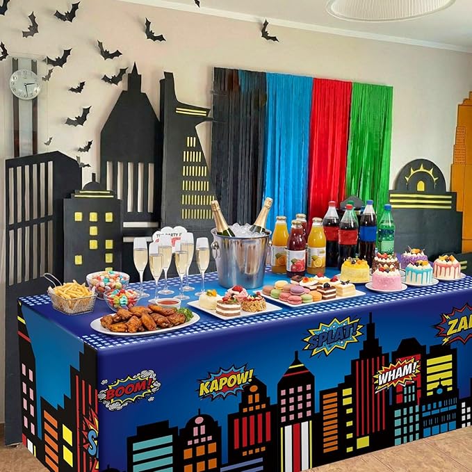 Oudain 6 ft Hero Theme Tablecloth Hero Party Decoration Cityscape Tablecloth 72 x 30 Inches Washable Fabric Polyester Rectangle Table Cover Birthday Party Supplies
