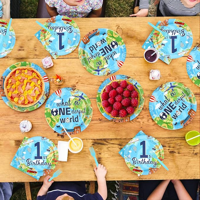 96Pcs Travel Theme 1st Birthday Party Supplies Adventure Awaits Plates and Napkins World Map 1st Birthday Tableware Set for Kids Adventure Time One Year Old Party Supplies，Serves 24