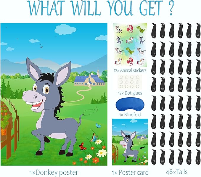 Morcheiong Pin The Tail on The Donkey Party Game with 48pcs Tails for Kids Birthday Party Supplies Donkey Party Favors Farm Party Decorations