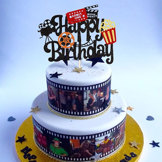 1 PCS Movie Night Cake Topper Happy Birthday Sign Cake Pick Decorations for Theater Video Recorder Roll Camera Popcorn Hollywood Theme Family Film Baby Shower Birthday Party Supplies