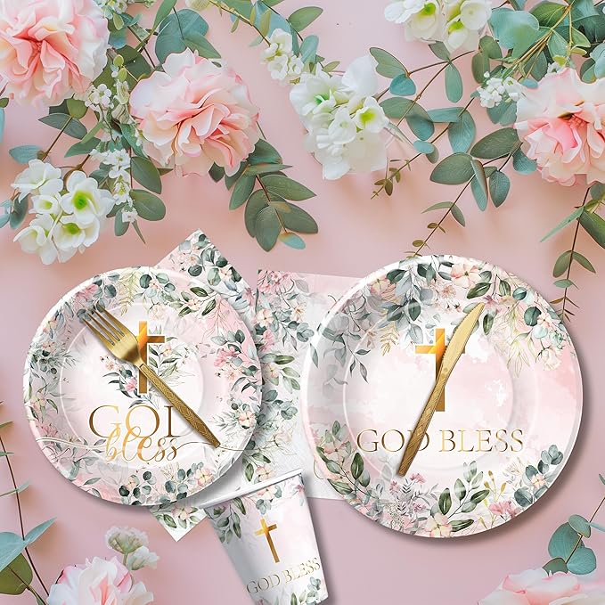 God Bless Baptism Decorations Tableware Girl - First Communion Decorations Supplies, Plate, Cup, Napkin, Fork, Baptism Plates And Napkins Set For Christening Baby Shower Religious | Serve 24