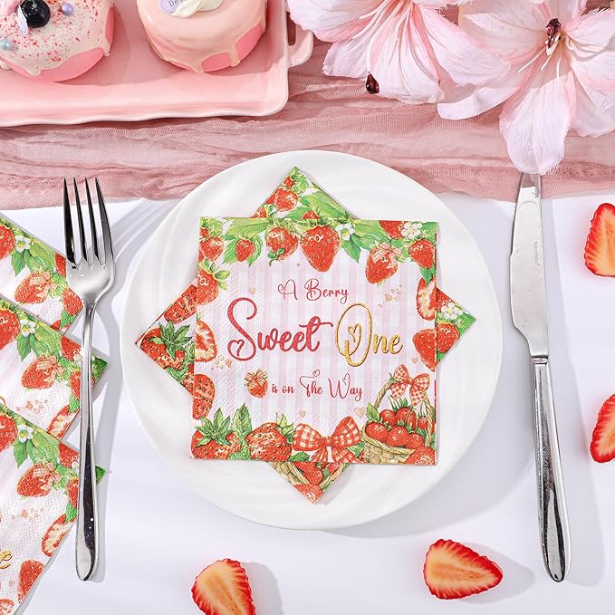 100 Pcs Strawberry Napkins, Strawberry Baby Shower Decorations Napkin Fruit Theme Disposable Cocktail Napkins for Baby Shower Birthday Party