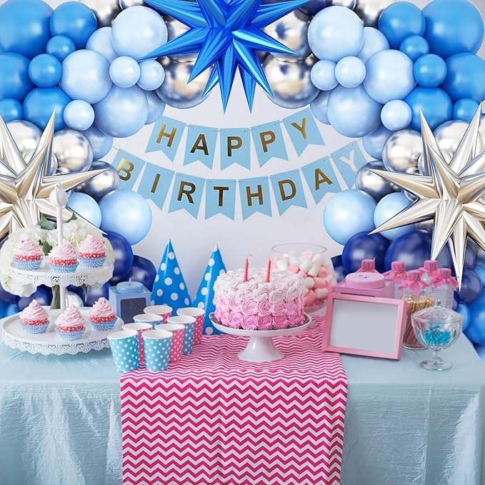 Blue Silver Balloon Arch Garland Kit, Navy and Pastel Blue Latex Party Balloons With Silver Star Foil Balloon for Birthday, Baby Shower, Wedding, Graduation, Anniversary Party Decor