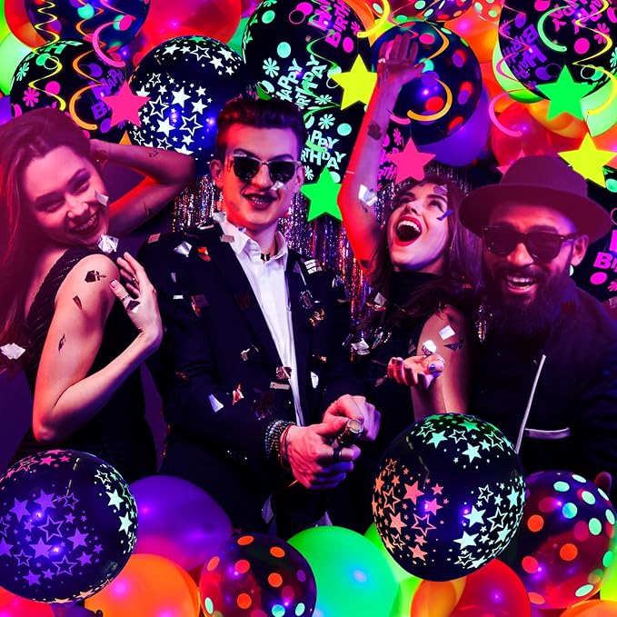 Jetec 71 Pcs Neon Birthday Party Supplies Decorations Include Clear Glow in the Dark Balloons, UV Neon Balloons, Star Hanging Swirls, Happy Birthday Banner Festival Accessory Glow Party Supplies