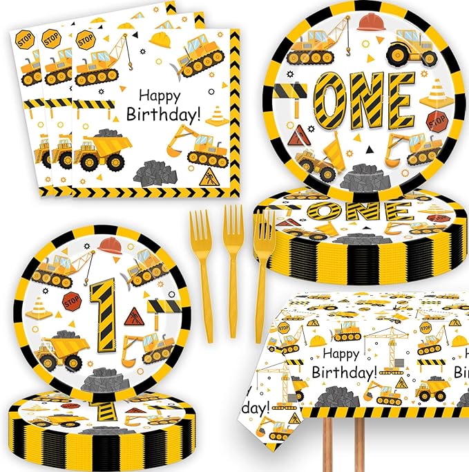 51 Pcs Construction 1st Birthday Party Supplies Dump Truck One Years Old Tablecloth Paper Plates Napkins Forks Dinnerware for Construction Baby Shower Birthday Party Supplies Decorations
