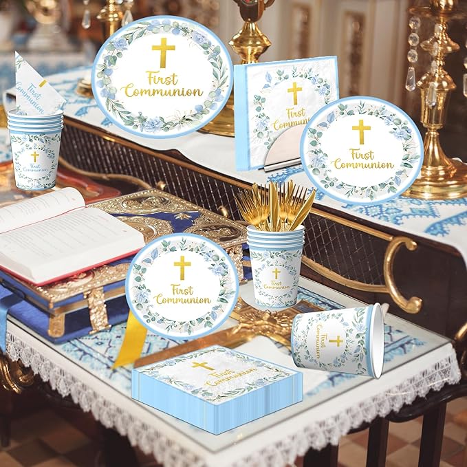 First Communion Decorations for Boys, Baptism Plates and Napkins Blue Primera Comunion Decoracion 1st Communion Party Supplies for Baptism Party Decorations Serves 25