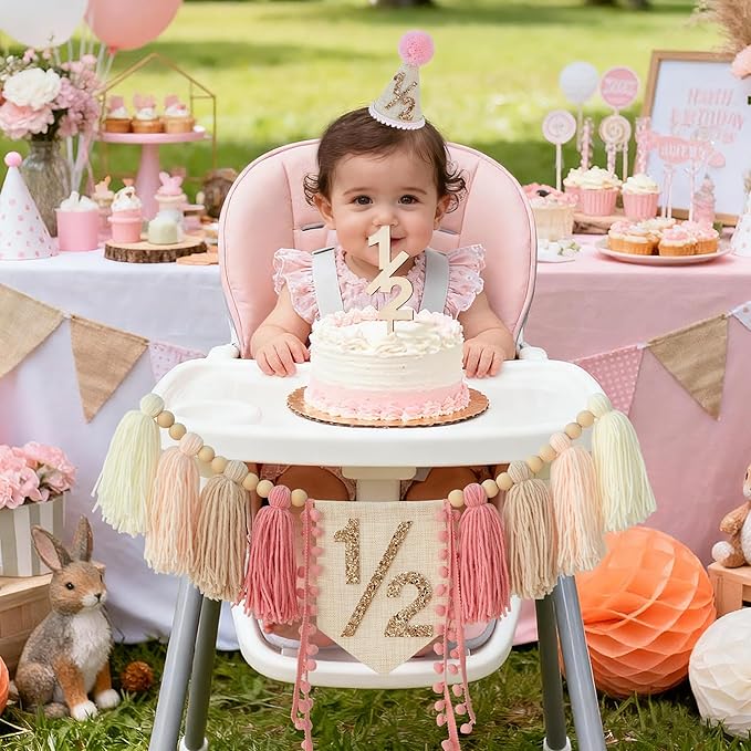 1/2 Pink Baby Girl Birthday Highchair Banner Wood Bead Tassel Garland Half Birthday Conical Cap Wooden Cake Topper Happy Half Year Party Photoshoot Props