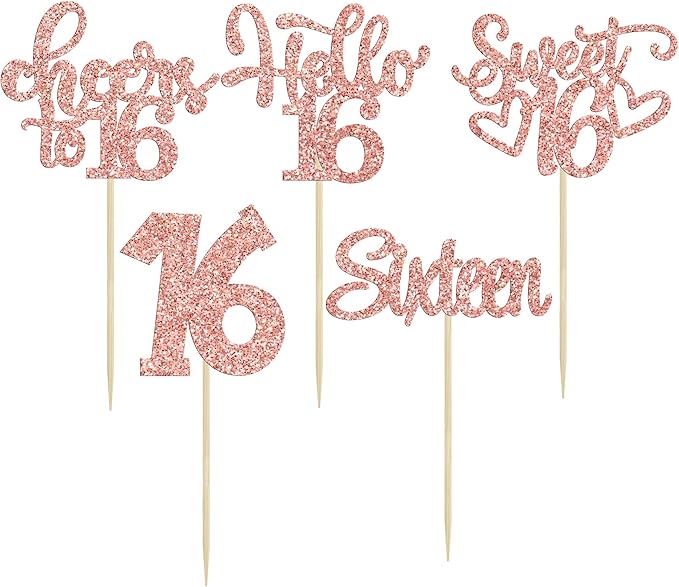 30Pcs 16th Birthday Cupcake Toppers Sixteen Happy 16th Cupcake Picks Cheers to 16 Sweet 16 Cake Decorations for Anniversary Party Supplies Rose Gold Glitter