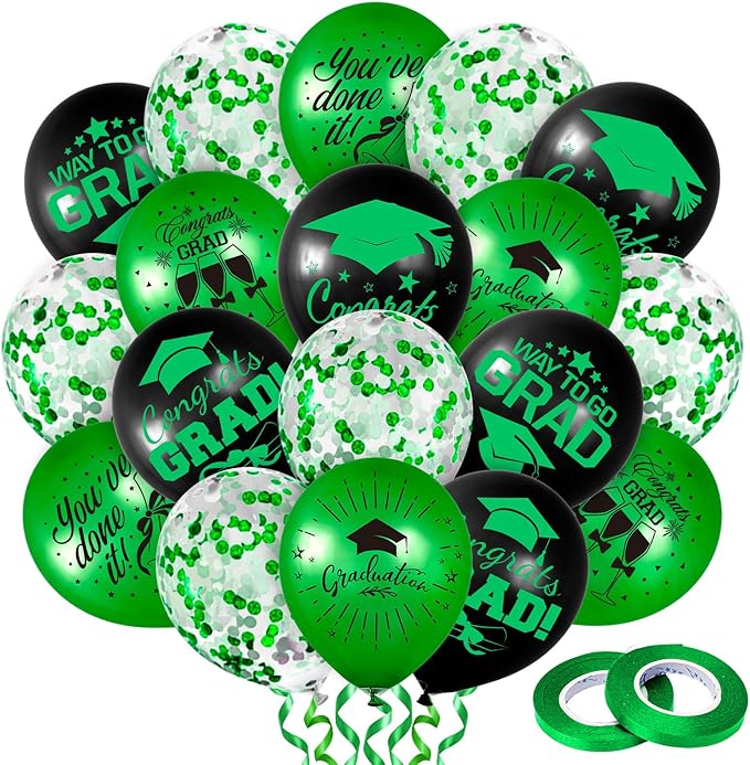 Whaline 60Pcs Graduation Party Balloon Set 7 Designs Confetti Latex Balloon with 2 Rolls Ribbon Grad Cap Congrats Grad Balloon for Graduation Party Decoration Supplies (Green, Black)