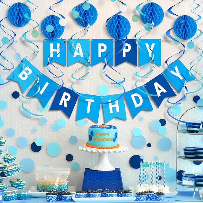 Blue Birthday Decorations Kit - 16-Piece Set with Pre-Strung Happy Birthday Banner, Honeycomb Balls, Garland & Swirls | Blue Theme Party Supplies for Men Boys Kids, Teens Adults