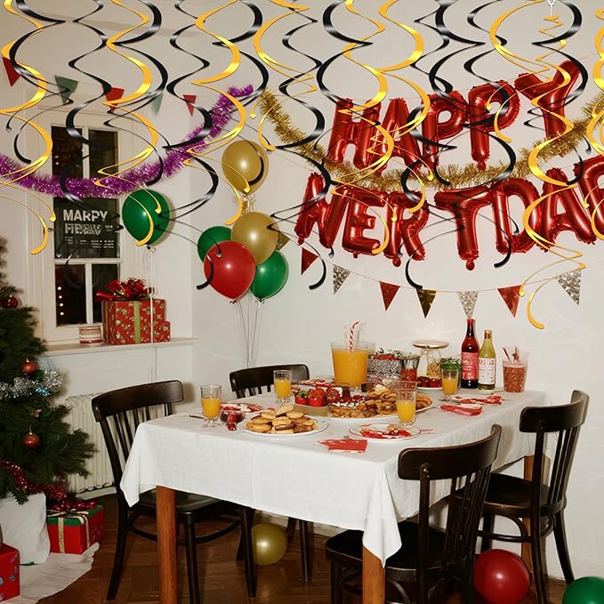 Colorful Ceiling Swirl Foil Decorations Hanging Plastic Streamer Themed Swirl Party Decoration for Wedding New Years Day Graduation Celebration, Pack of 28 (Gold, Black)