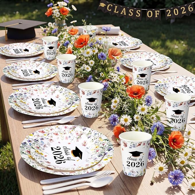 Hsei 250 Pcs Wildflower Graduation Disposable Plates and Napkins Floral Congrats Grad Disposable Tableware Set for 50 Guests Wildflower Paper Plates Napkins Cups for Girls Nurses Graduation Party