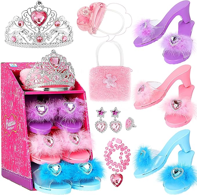 Princess Dress Up Shoes Pretend Play Jewelry Toys Set 3 Pairs of Shoes with Tiara Earrings Necklaces Ring Role Play Set for Little Girls Aged 3-6 Years Old