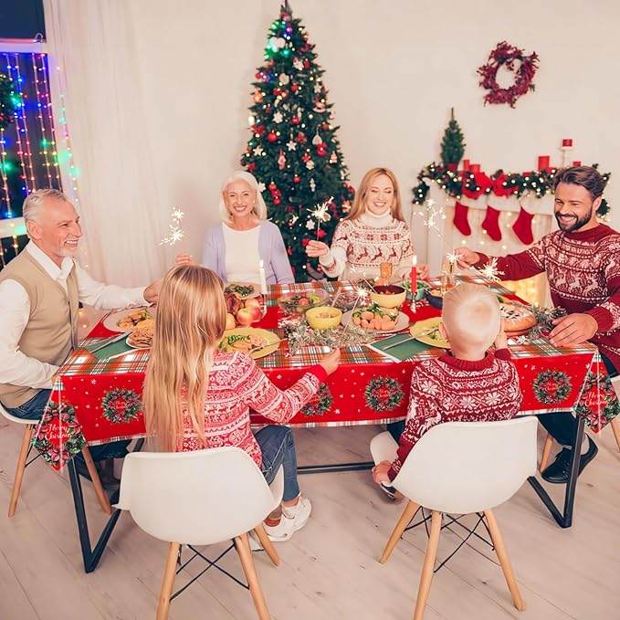 Plastic Christmas Tablecloth 54x108 Inch 3-Piece Set,Disposable Festive Red Poinsettia Pattern Holiday Dining Table Cloth for Christmas Party & Baby Shower Decorations